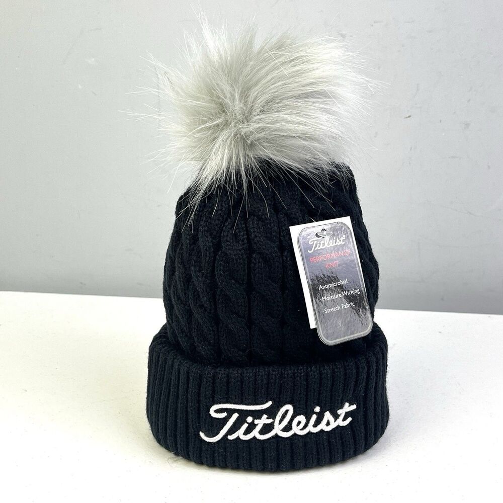Titleist Cable Knit Pom Pom Beanie Golf Black White Logo NEW